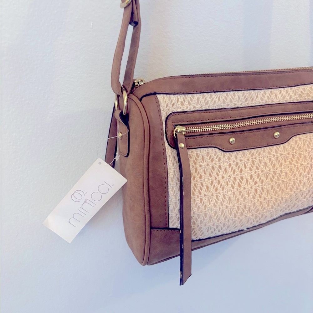 NWT Minicci Brown and Cream Crossbody Bag with Textured Panel - Picture 4 of 9